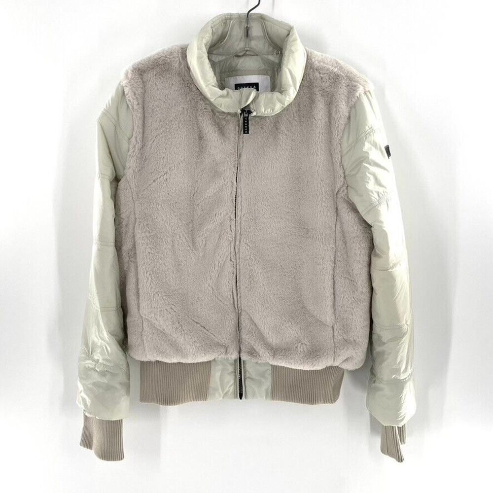 Brekka Milano Womens Quilted Puffer Bomber Jacket Faux Fur Dove Gray Sz M